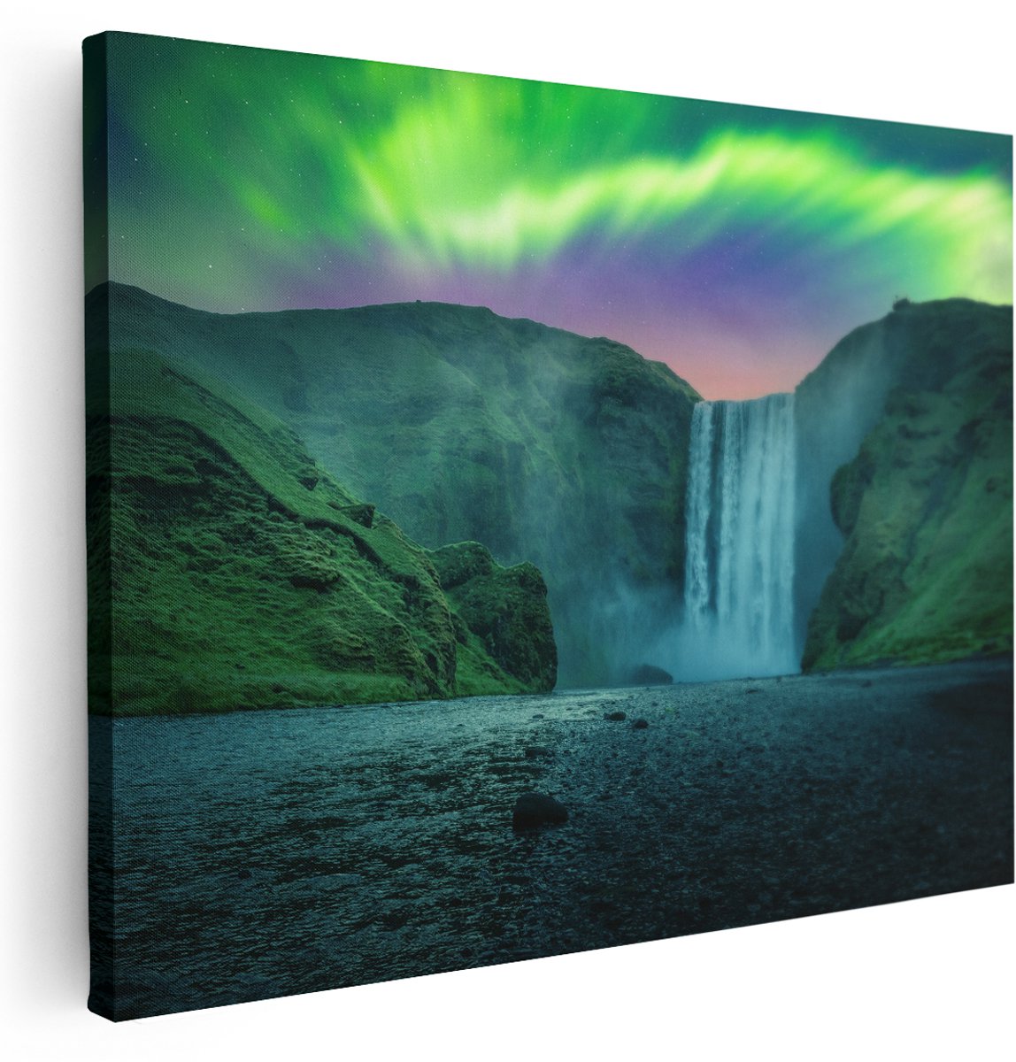 Artaza Canvas Schilderij Waterval Met Het Groene Noorderlicht - 160x120 cm - Groot - Wanddecoratie Woonkamer - Schilderijen - Muurdecoratie