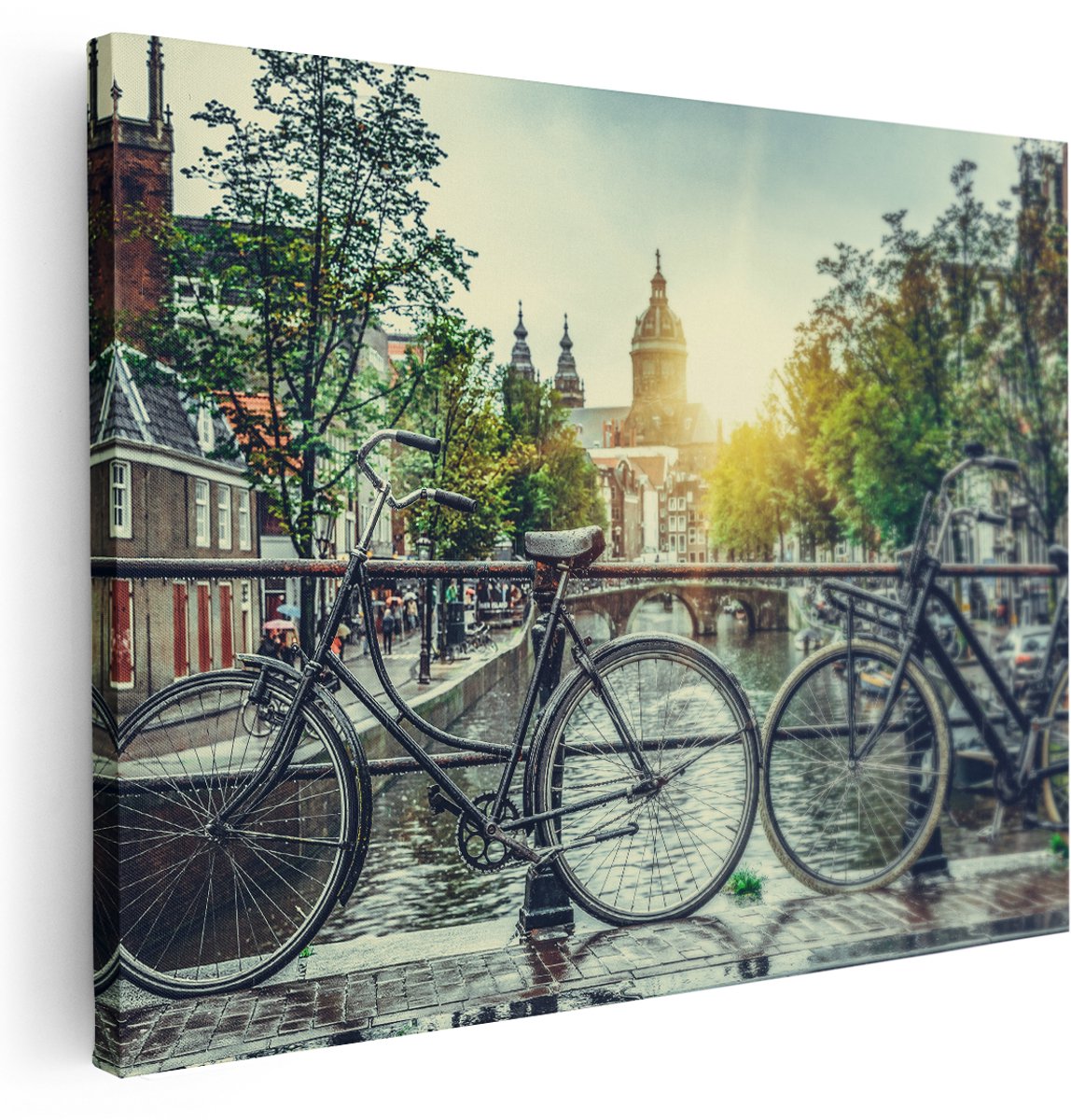 Artaza Canvas Schilderij Amsterdamse Brug Bij Een Gracht Met Zonsondergang - 160x120 cm - Groot - Wanddecoratie Woonkamer - Schilderijen - Muurdecoratie