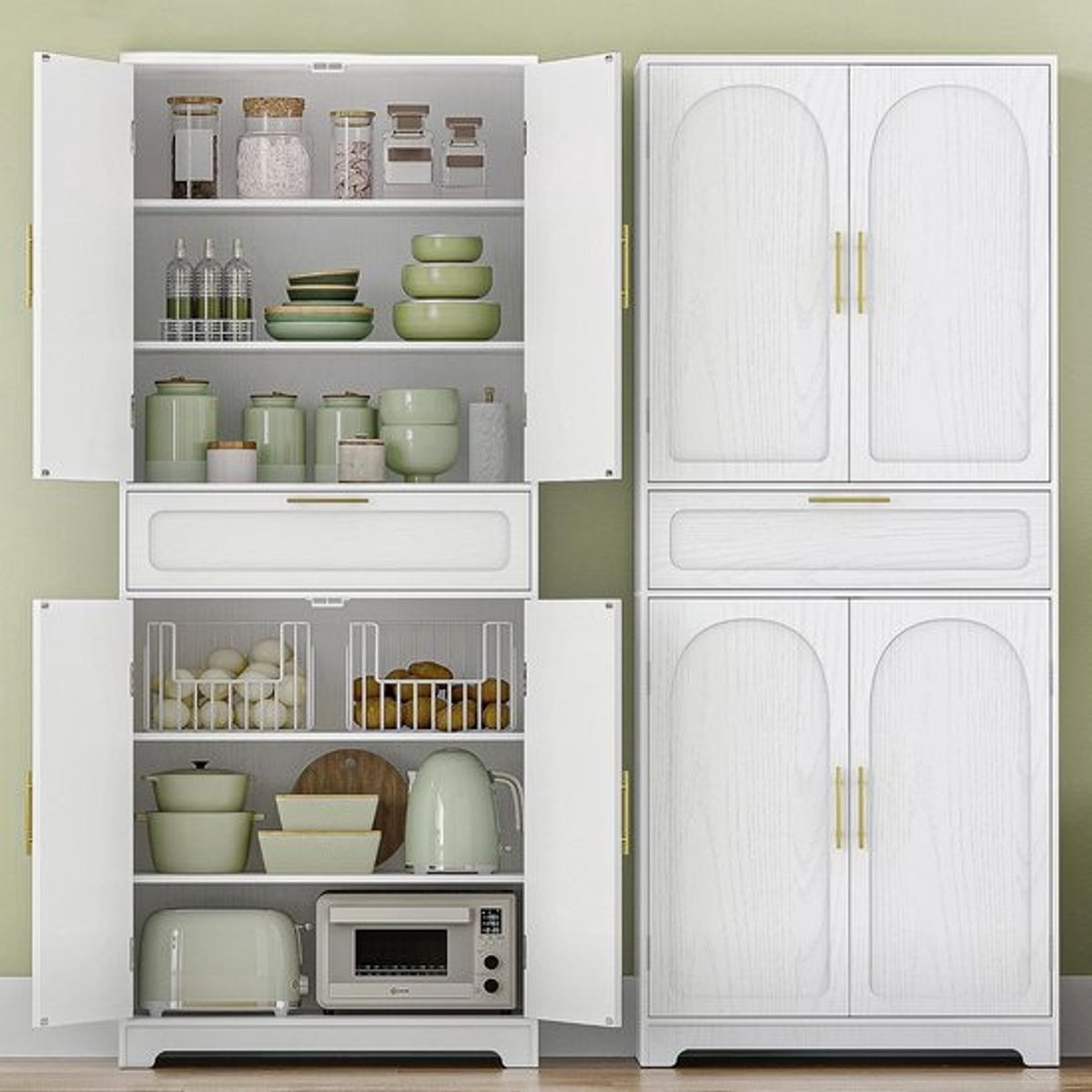 Hoge Keukenkast met 4 Deuren en Grote Lade - Dressoir voor Woon- en Eetkamer - Wit