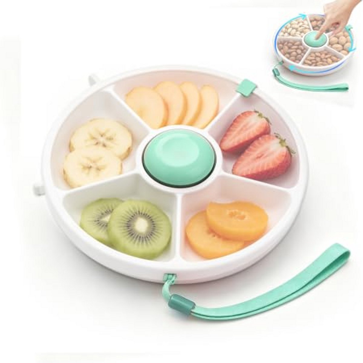 Draaibare Snackbox met Deksel, Snackbakje met Meerdere Vakken, Draagbare Doos voor Snoep, Koekjes en Fruit, Groen