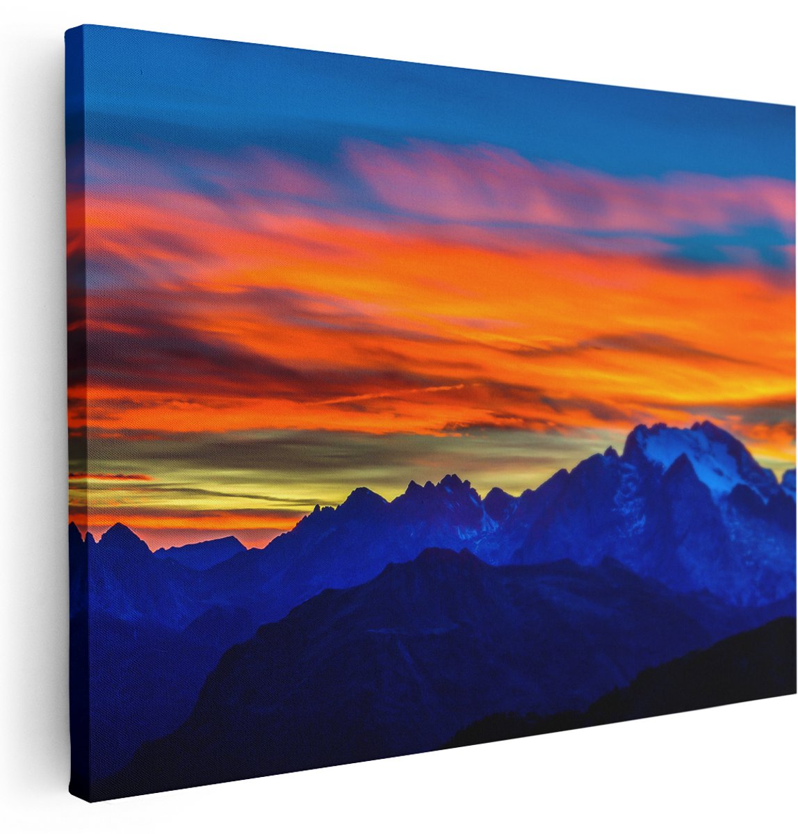 Artaza Canvas Schilderij Oranje Zonsondergang In De Bergen - 160x120 cm - Groot - Wanddecoratie Woonkamer - Schilderijen - Muurdecoratie