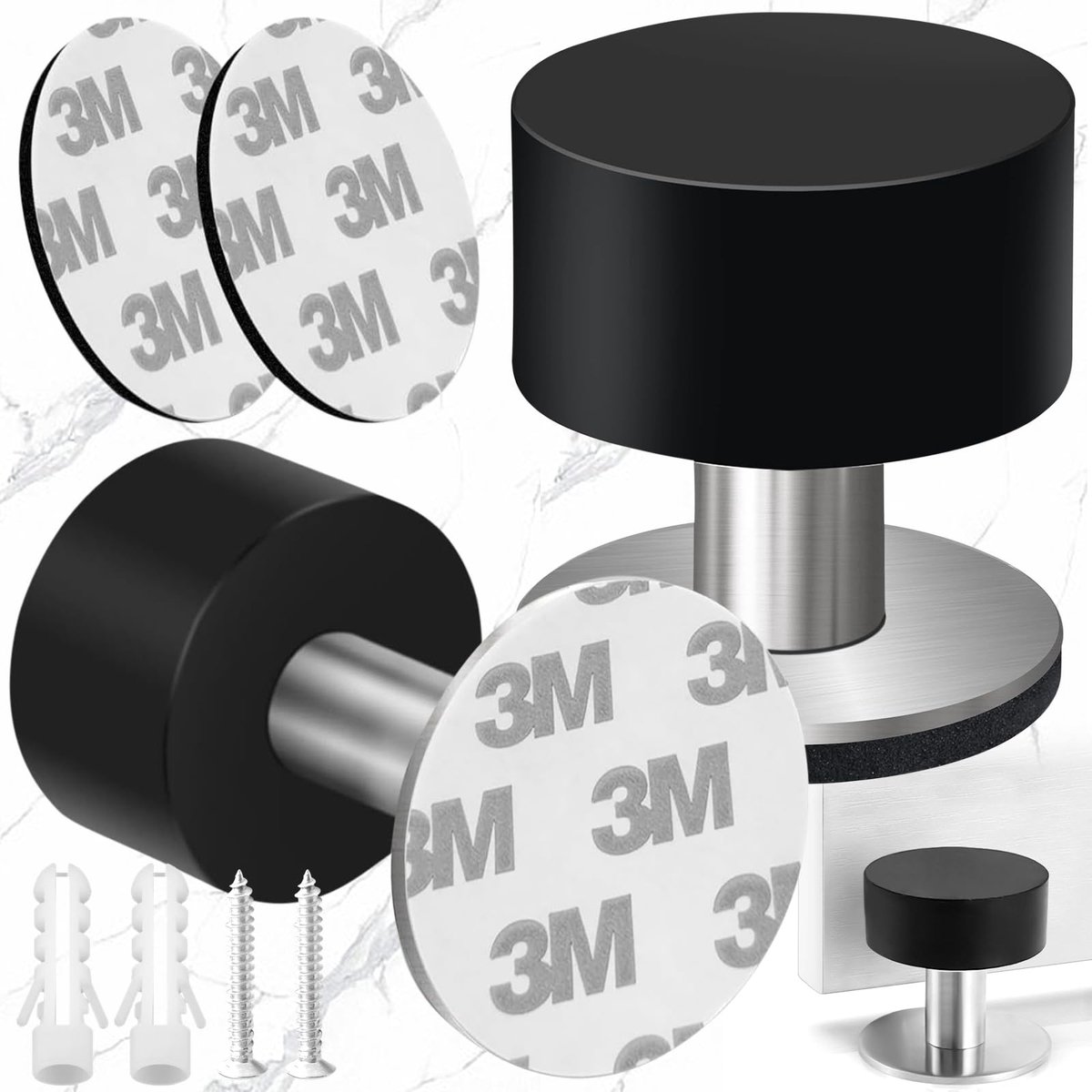 Deurstopper - RVS - Met geluiddemper - Voor wandmontage - Zwart - Set van 2 stuks - 3,78 x 3,78 cm