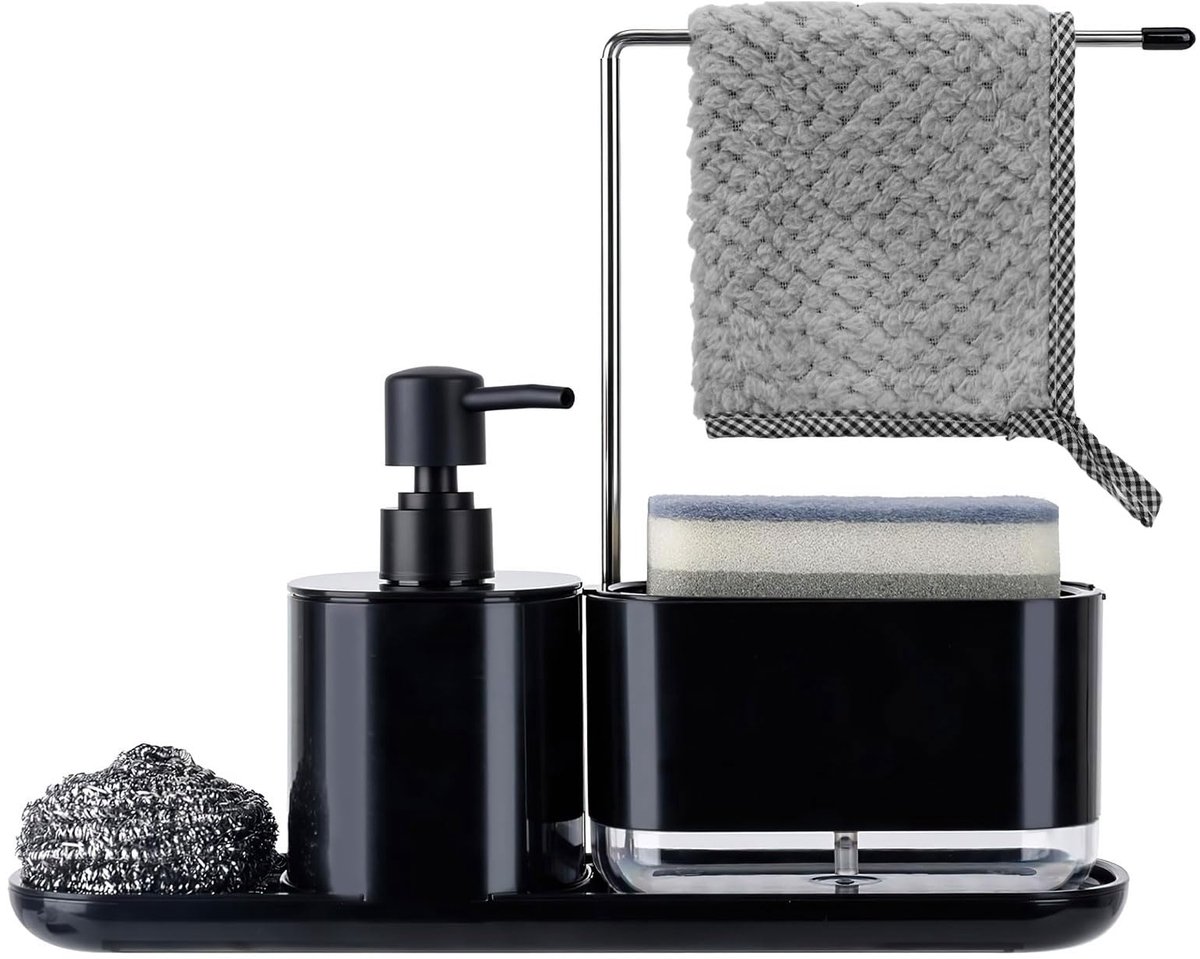 Spoelbak Organizer - 3-in-1 Zeep- en Afwasmiddeldispenser met Sponshouder - Voor Keuken - Zwart