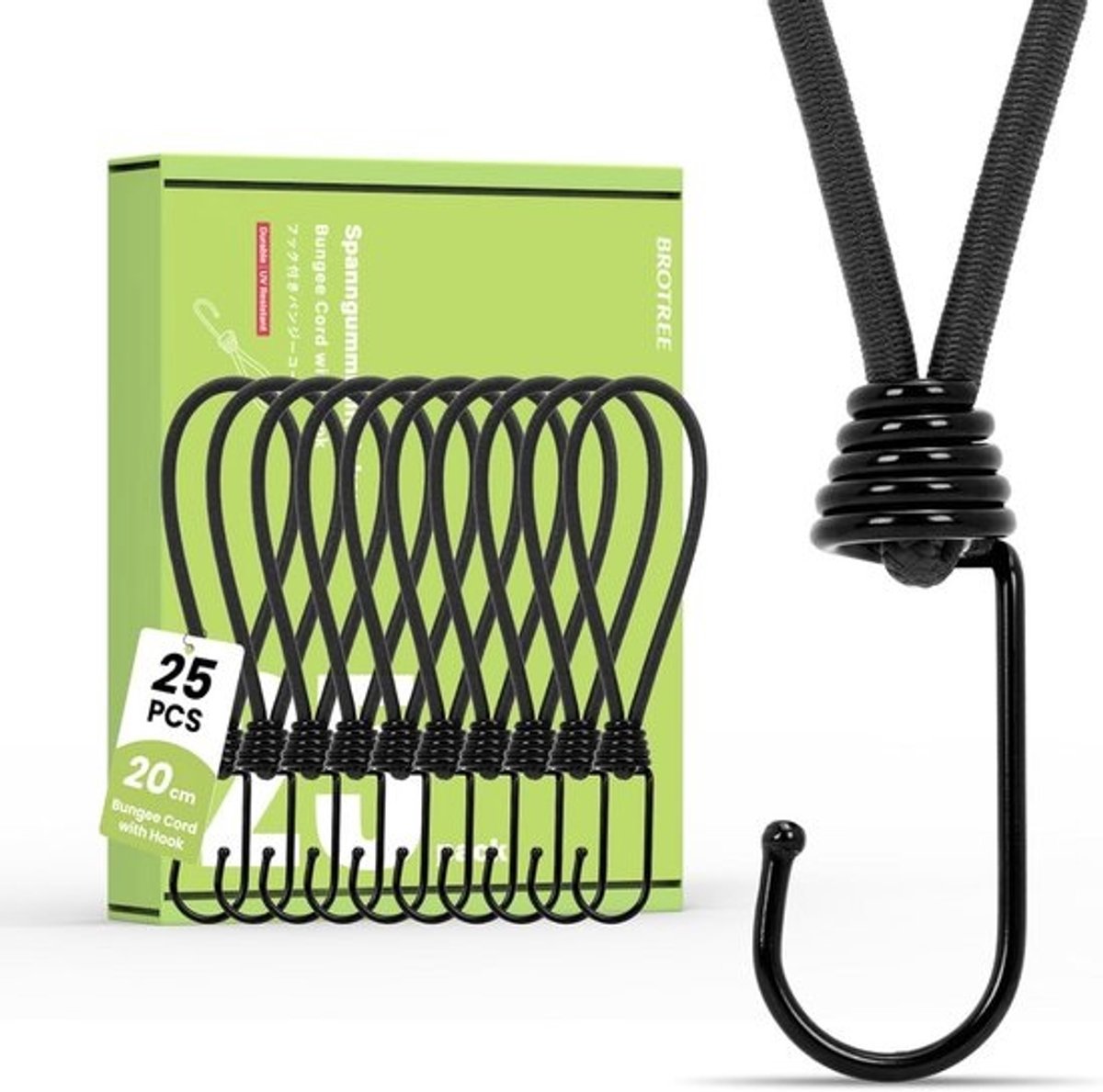 25x Zwarte Spanbanden met Haak 20cm - Robuuste Spanbanden voor Zeilen, Tenten en Afdekzeilen