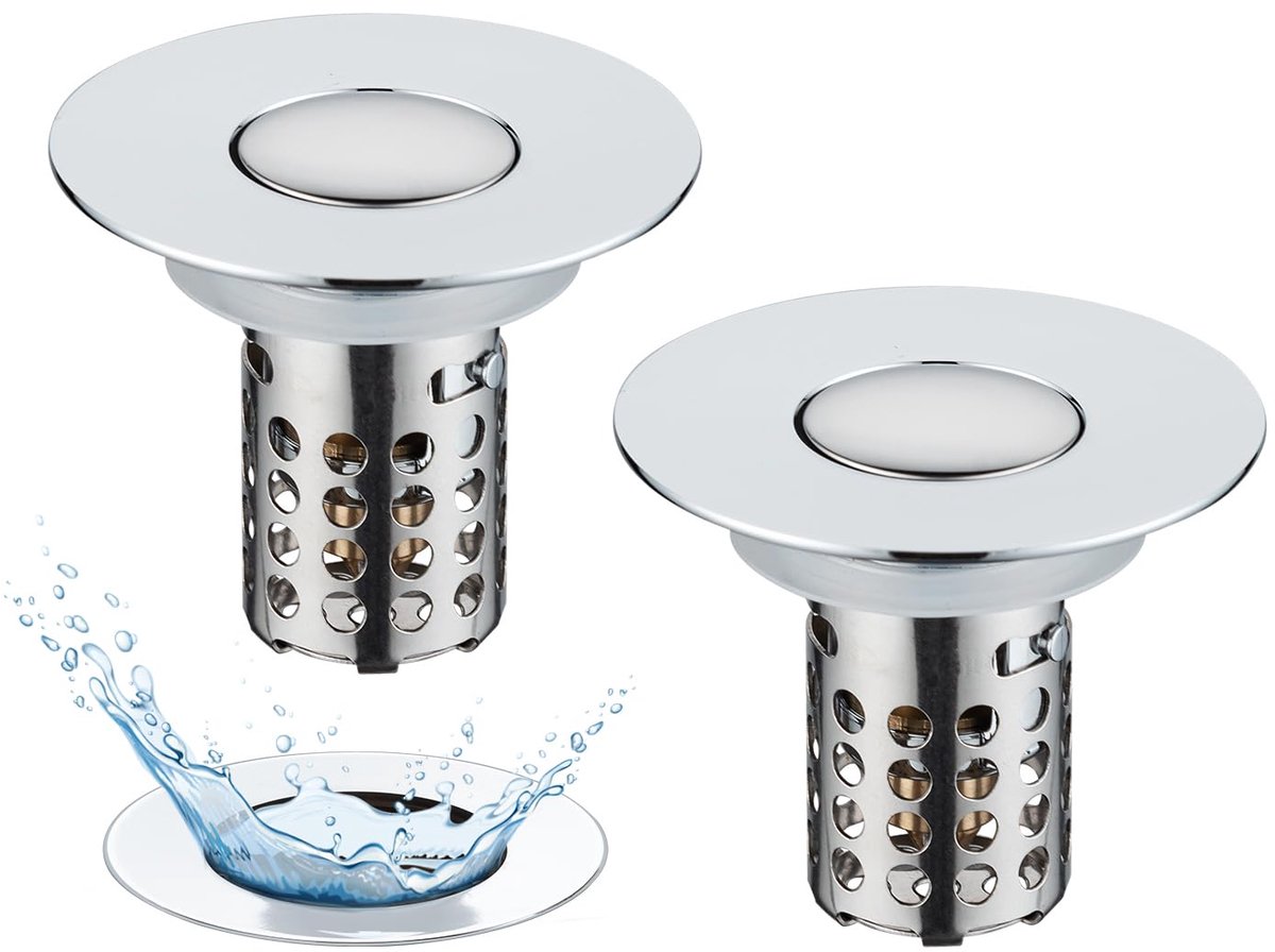 2 Stuks Pop-up Afvoerstop - 3-in-1 met Zeef en Uitneembare RVS Filter - Messing Kogelkern - Voor Wasbakken 28-58 mm - Chroom