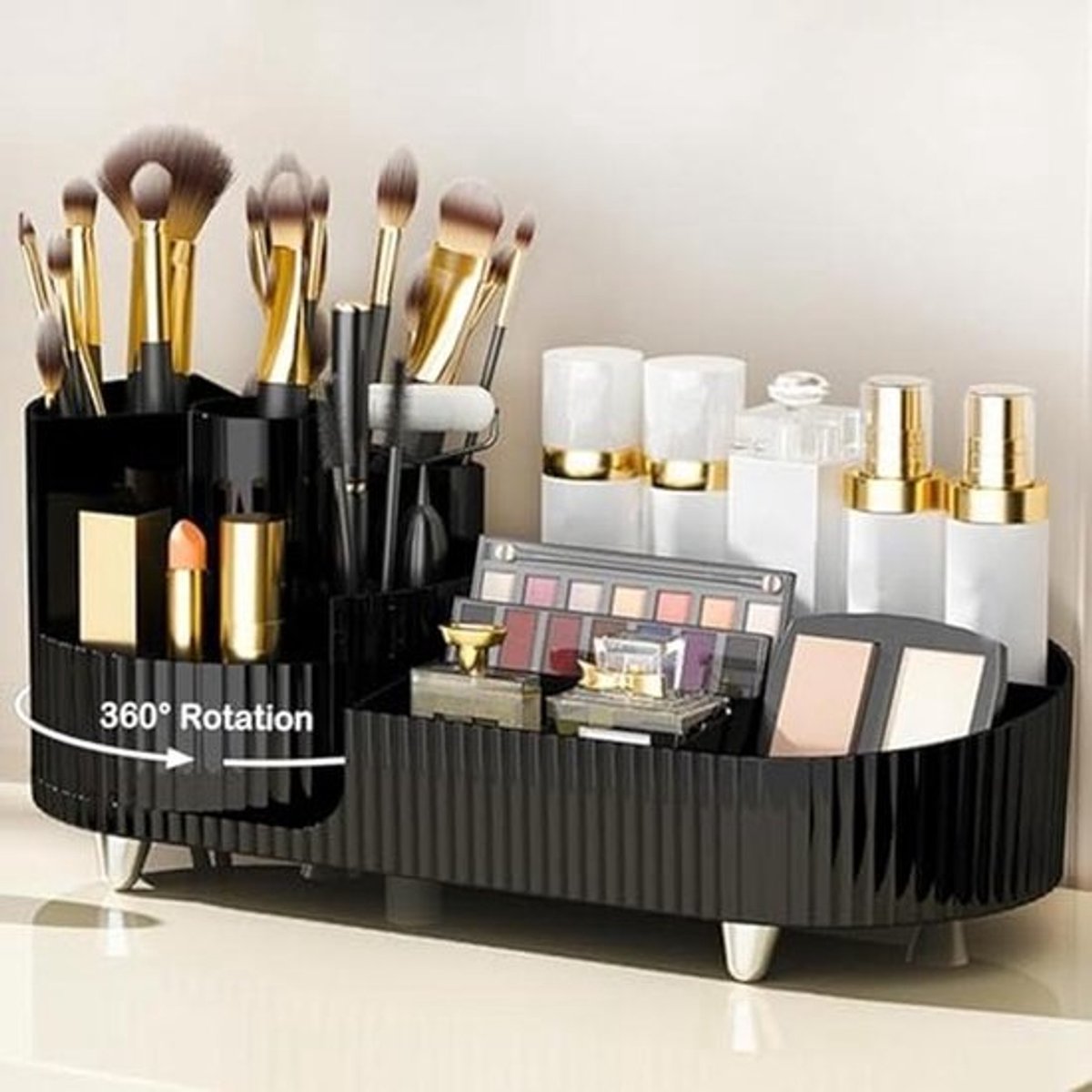 Roterende make-up organizer met grote capaciteit en make-upborstelhouder - Cosmetische vitrinekast voor aanrecht (zwart)