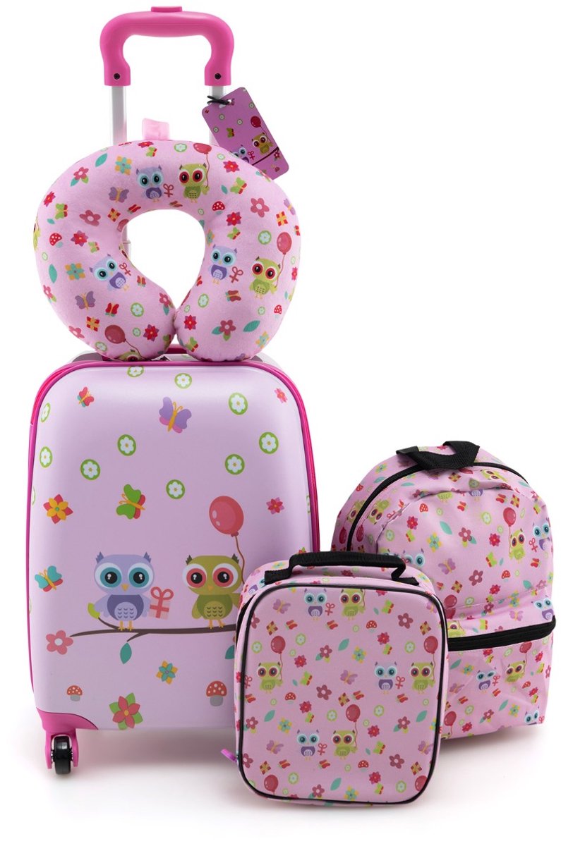 SureDeal® - Kinderkoffer - Koffers - Kinderen Verrijdbare Koffers - Kinderen - Rugzak Nekkussen Etiquette - 30x23x53 cm - Roze