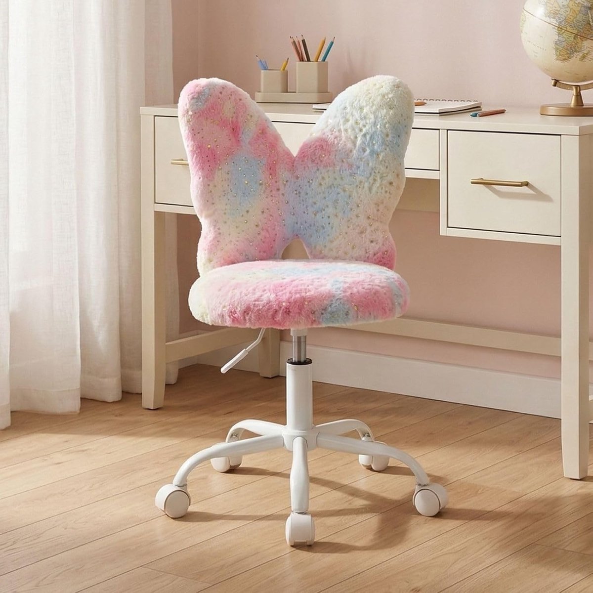 Kinder Bureaustoel Roze - Ergonomische Studie Stoel met Vlindervormige Rugleuning - In Hoogte Verstelbaar en 360° Draaibaar - Zachte Imitatiebont Bekleding - Voor Kinderkamer en Bureau
