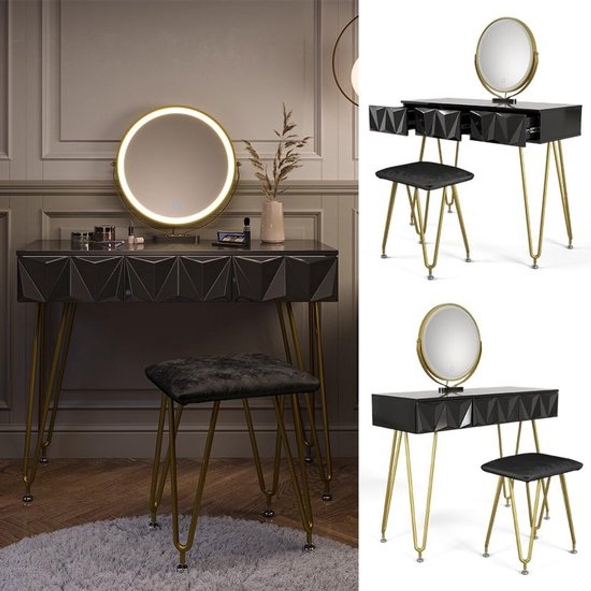 Complete Kaptafel Set met LED Spiegel en Kruk in Hoogglans Zwart