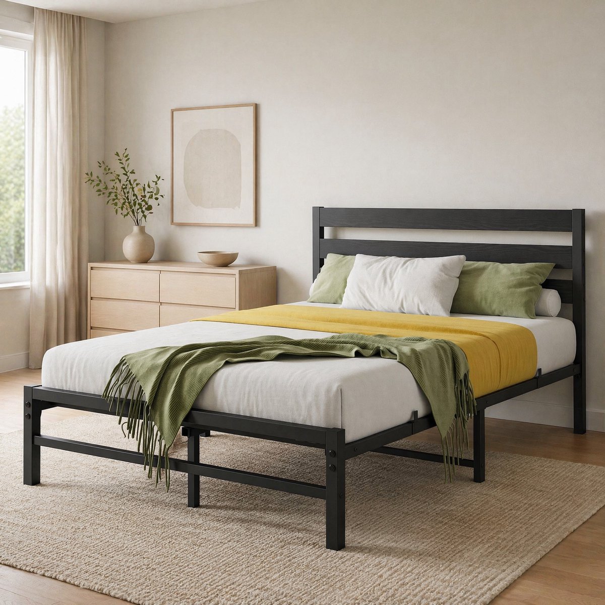 HAUSS SPOLE Metalen Bed 140x200cm - Tweepersoonsbed Met Comfortabel Hoofdbord - Zonder Matras - Stevig En Tijdloos Voor Slaapkamer - MDF En Metaal - Zwart