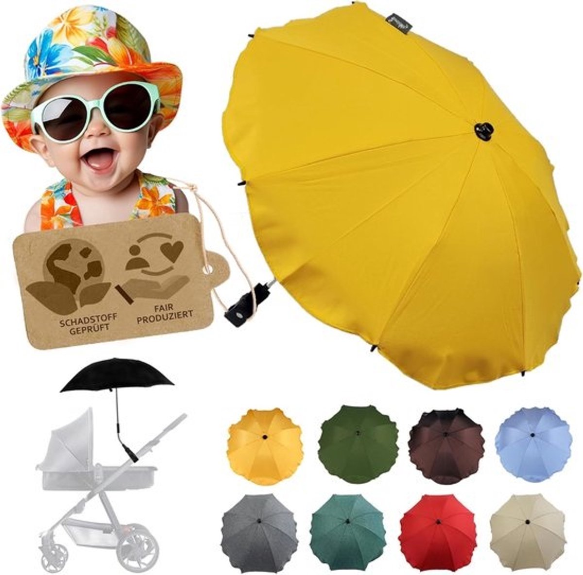 Kinderwagen Parasol - Buggy Zonnescherm - Zon Bescherming - Universele Houder - Verstelbaar - Geel