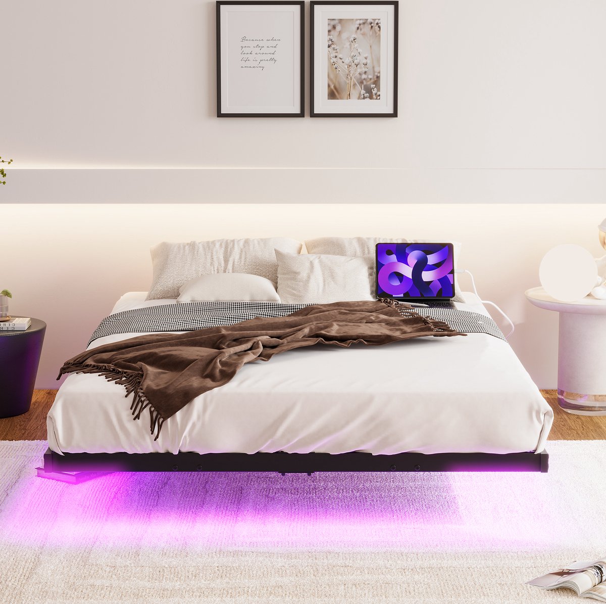 MODENUIT Bedframe 140 x 200 cm - Met LED Verlichting en Oplaadstation - Metaal - Zwart - Lattenbodem