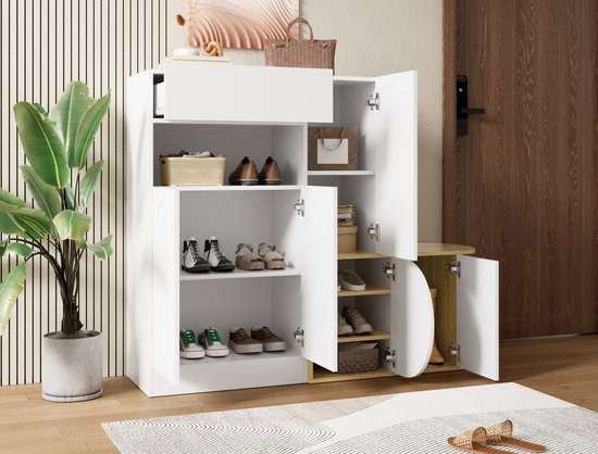 DESMIU Schoenenkast Met Zitbank En Opbergruimte - 1 Lade 5 Deuren En Open Vak - Voor Hal En Entree - MDF - Wit En Houtlook - 130x35x110,5 Cm — afbeelding 4