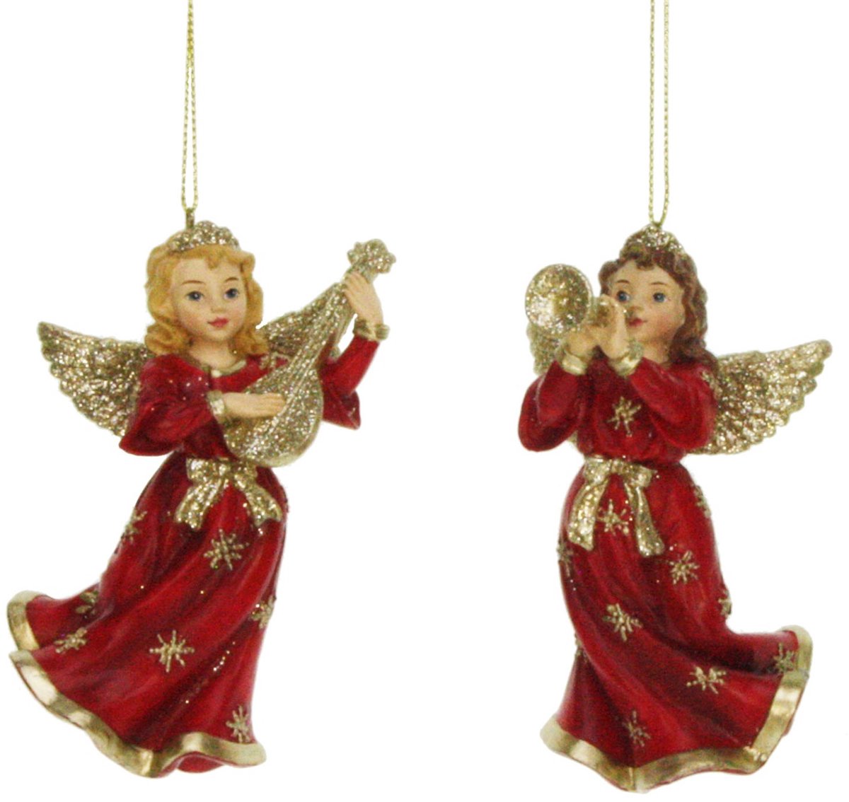 2x Ornament Engel met trompet/mandoline, 2ass. 7x3x11cm