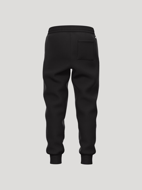 Achterkant van een zwarte joggingbroek voor jongens met een zak en een trekkoord.