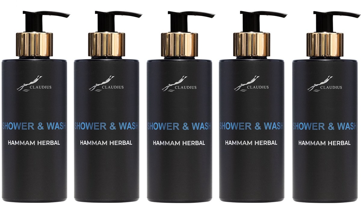 Shower & Wash Hammam Herbal 300 ml - met gouden pomp - zwarte fles - set van 5 stuks - Voordeelverpakking