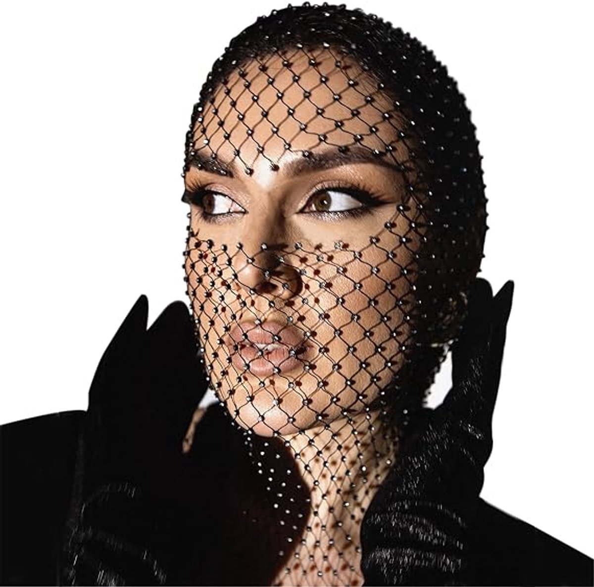 Fonkelende Strass Netmasker - Kristal Mesh Hoofddeksel- Hoofdomtrek 45–60 cm - Geschikt voor Afterparty, Rave en Festivals - Glanzend Accessoire - Elastisch en Comfortabel - Herbruikbaar- Uniseks - Opvallend Design - Nachtclub Headwear- 1 Stuk -Zwart