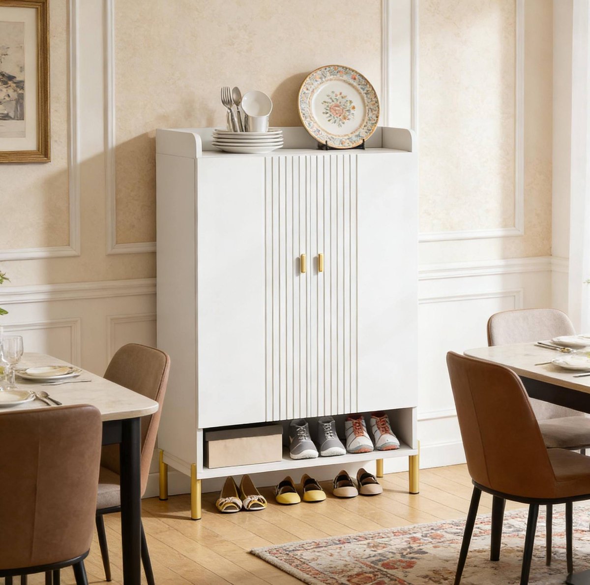 DESMIU Schoenenkast Smalle Schoenenkast Met 6 Lagen En 2 Deuren Voor Hal En Slaapkamer Van Hout En Metaal 75x36,5x110 Cm Wit En Goud