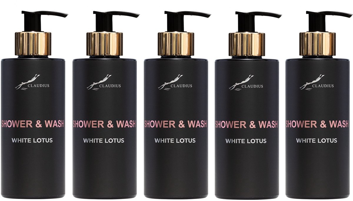 Shower & Wash White Lotus 300 ml - met gouden pomp - zwarte fles - set van 5 stuks - Voordeelverpakking