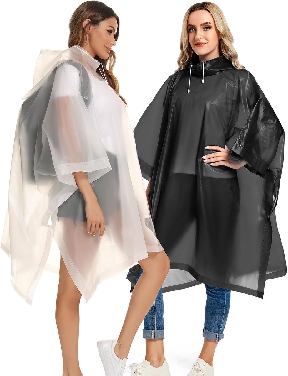 YAGXIG Regenponcho voor volwassenen - Regenjas - Herbruikbaar - Warme noodregenjas - Poncho-stijl - Lange poncho - Met capuchon met trekkoord - Zwart + wit - One size fits adults 1.6m tot 1.9m lengte