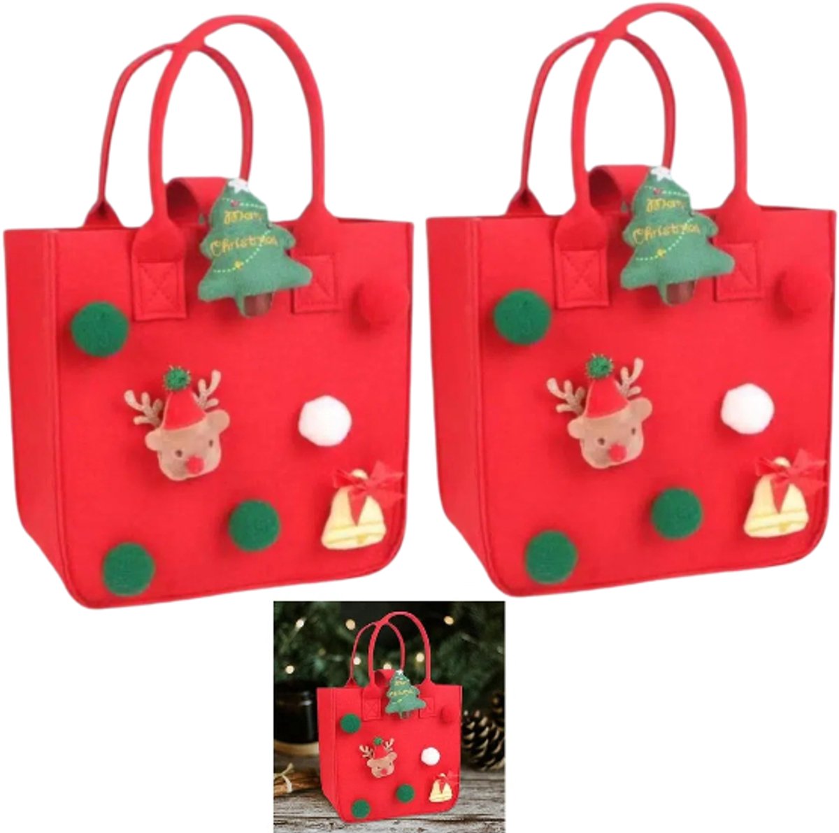 2 stuks - Kerstvilt tas - Vilten draagtas - Kerstcadeautas - Boodschappentas - Boodschappenorganizer - 23*23*13 cm - Rood - Met handvatten - Herbruikbaar