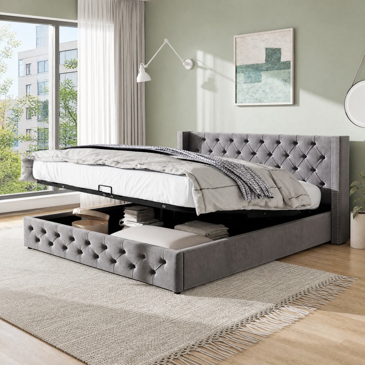 Wishdor Tweepersoonsbed 160x200 cm - Chesterfield stijl - Hydraulisch opbergbed met opbergruimte - Grijs velvet - Lattenbodem en knopstiksel