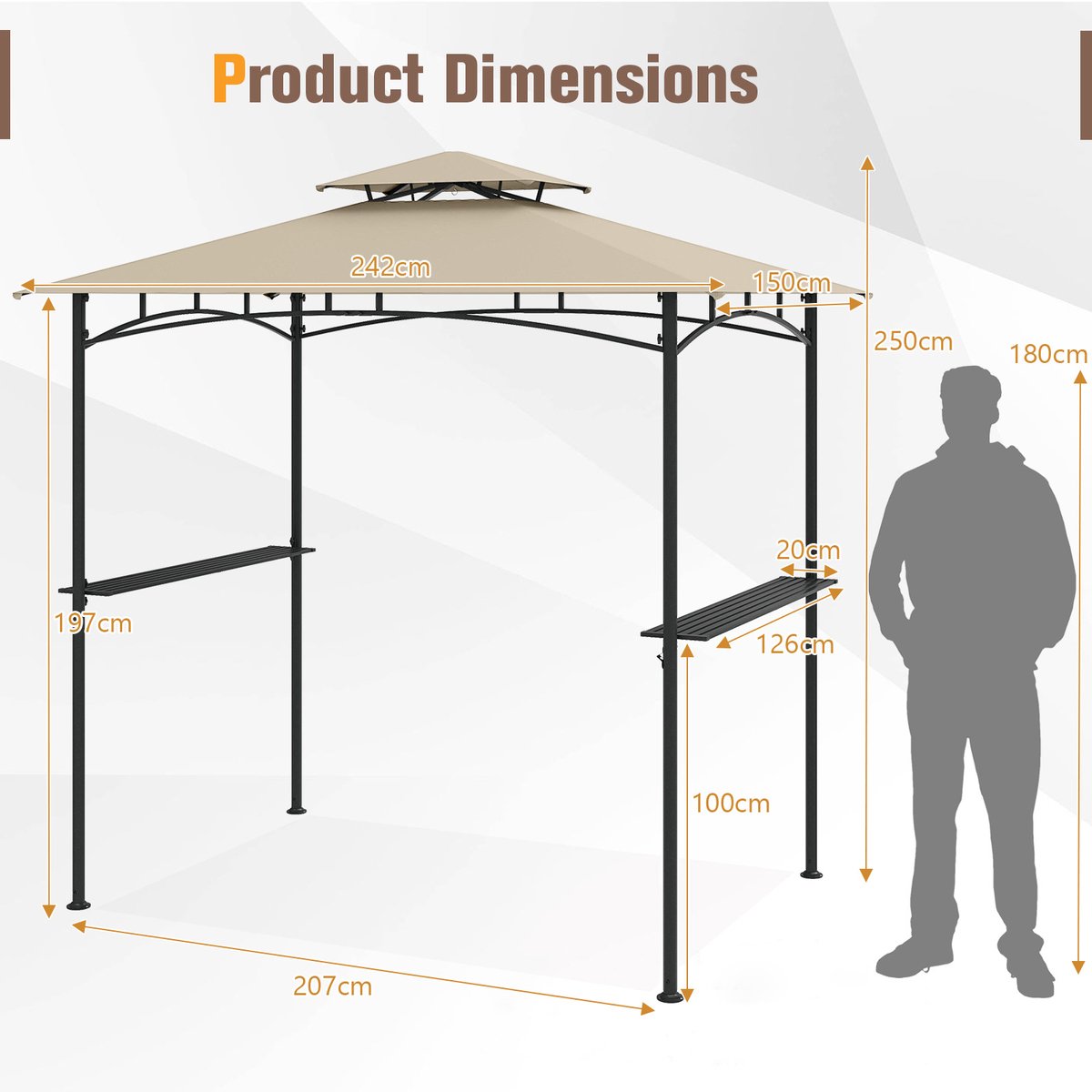 SureDeal® - Kamper - Grillpaviljoen - Dubbel Dak - Zijplanken - Haken Tuinpaviljoen BBQ - 242x150x250 cm - Beige