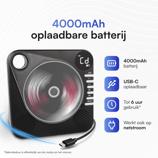 Retro CD Speler met Bluetooth - Draagbare CD Speler met HiFi Speakers - USB - AUX - Oplaadbaar - Vintage Muziekspeler Zwart — afbeelding 3