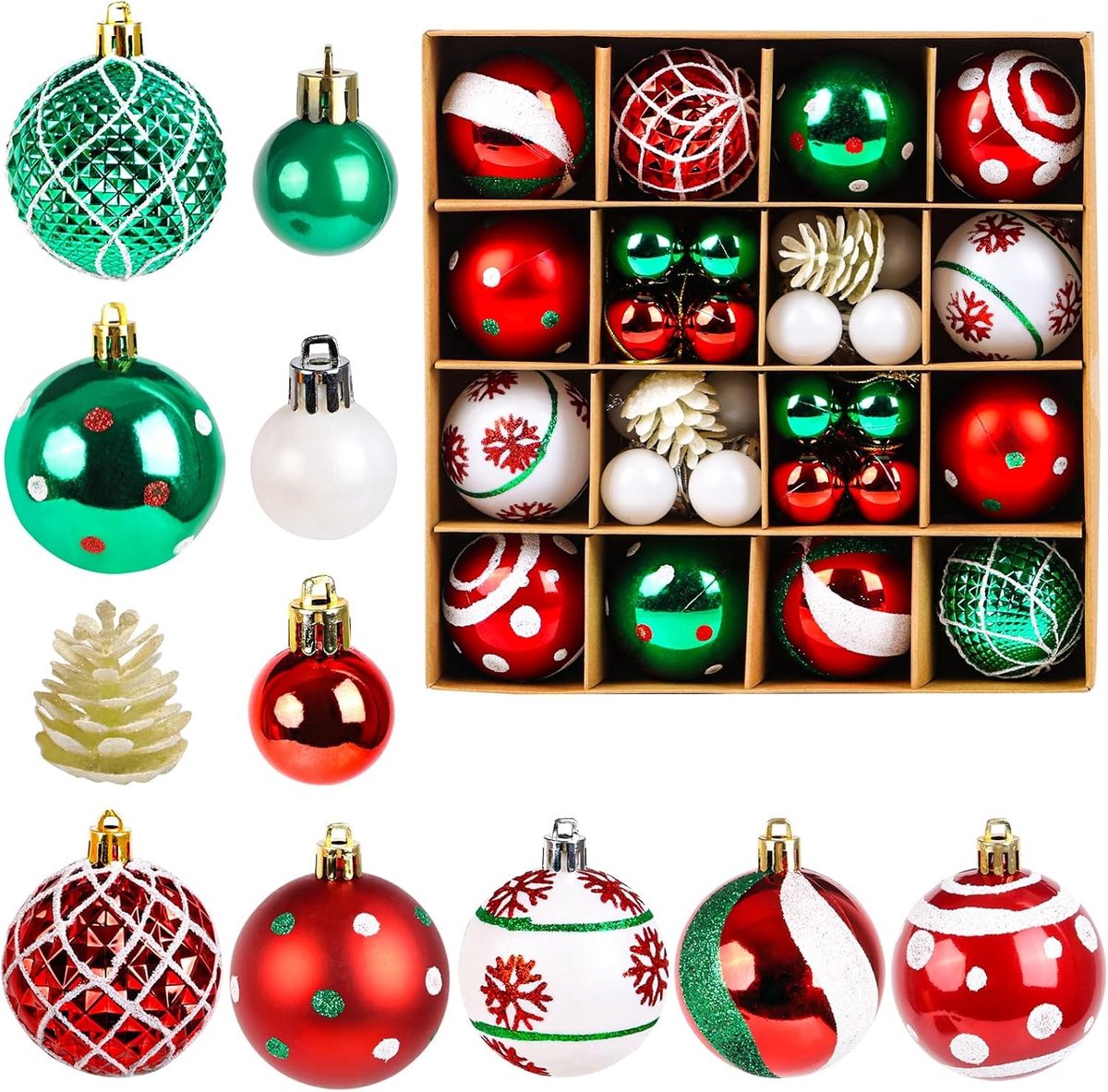 Set van 42 Kerstballen in Rood en Groen met Dennentakken voor Binnen en Buiten Gebruik, Perfecte Versiering voor de Kerstboom