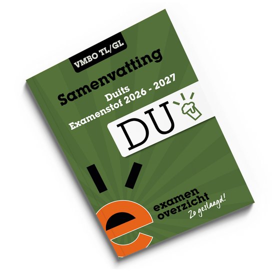 Groene kaft met de titel 'VMBO TL/GL Samenvatting Duits Examenstof 2026 - 2027 DUits'. Rechtsboven een lampje en biermok icoon. Linksonder een oranje 'e' met uitstraling, en tekst 'examen overzicht Zo geslaagd!'.