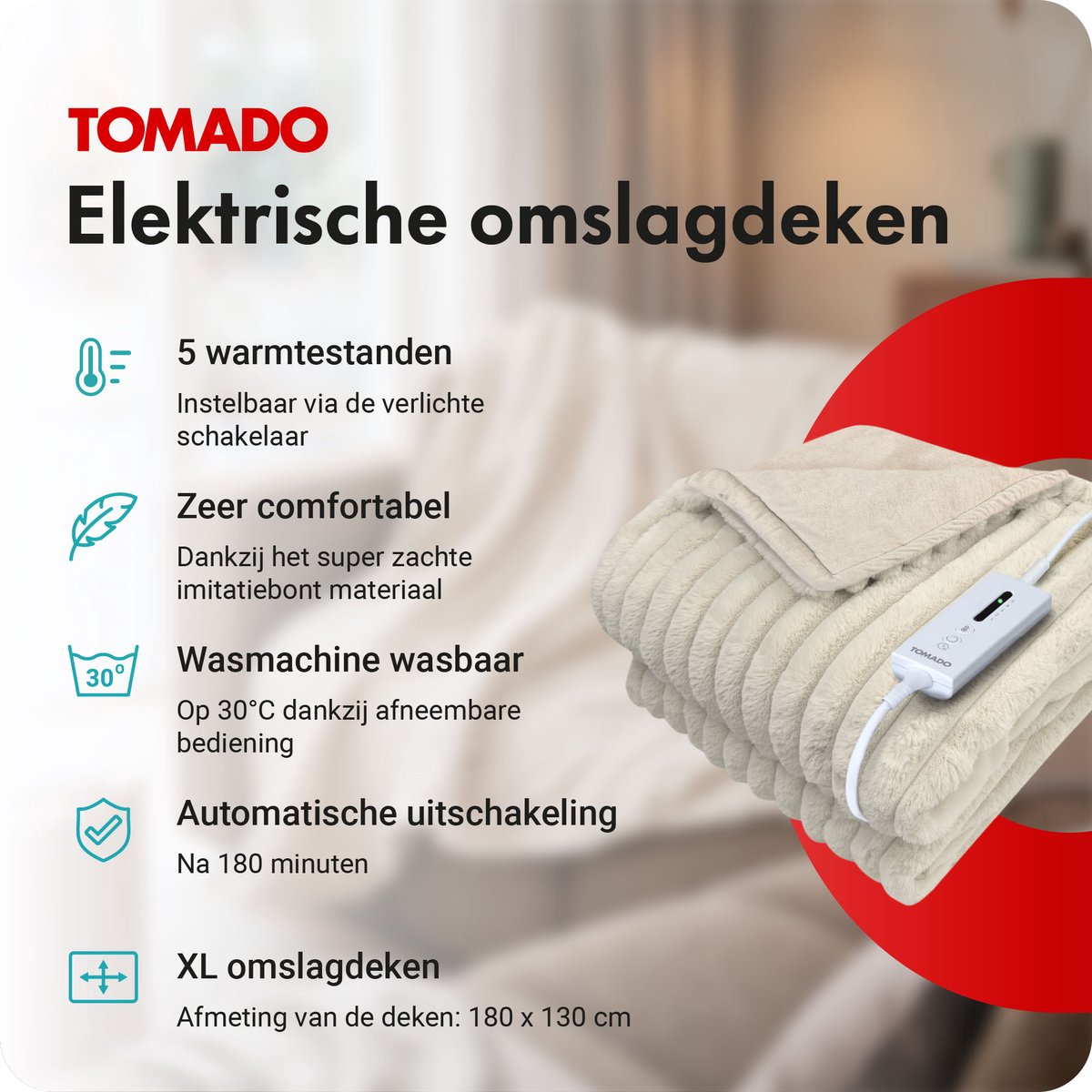 Tomado TEB1805C Elektrische Deken Imitatiebont 180 x 130 cm Beige - afbeelding 2