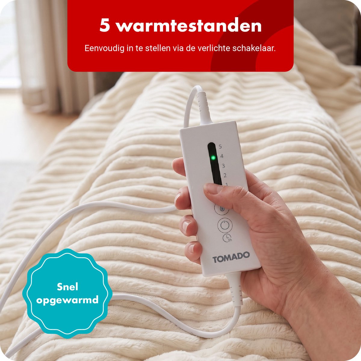Tomado TEB1805C - Elektrische deken - Omslagdeken - Warmtedeken - Imitatiebont - 180 x 130 cm - Eenpersoons - Beige – foto 5