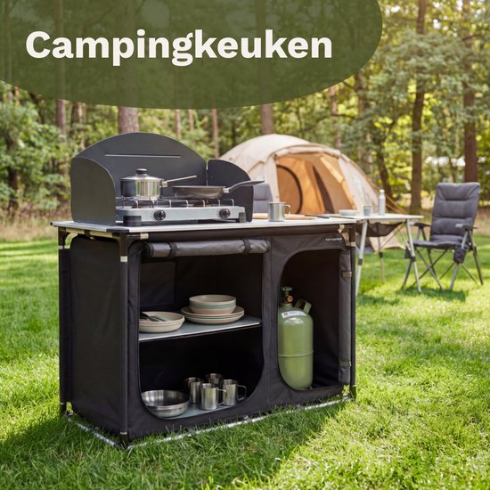 TRVLMORE Campingkeuken - Campingkast - Werkblad met Uitneembare Wasbak - 70KG Draagvermogen - 48x120x83CM - Windscherm - Grijs van Merkloos — afbeelding 2