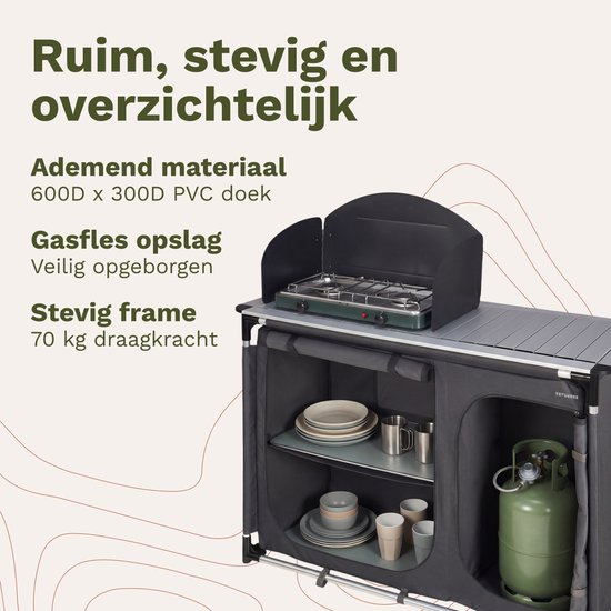 TRVLMORE Campingkeuken - Campingkast - Werkblad met Uitneembare Wasbak - 70KG Draagvermogen - 48x120x83CM - Windscherm - Grijs van Merkloos — afbeelding 3