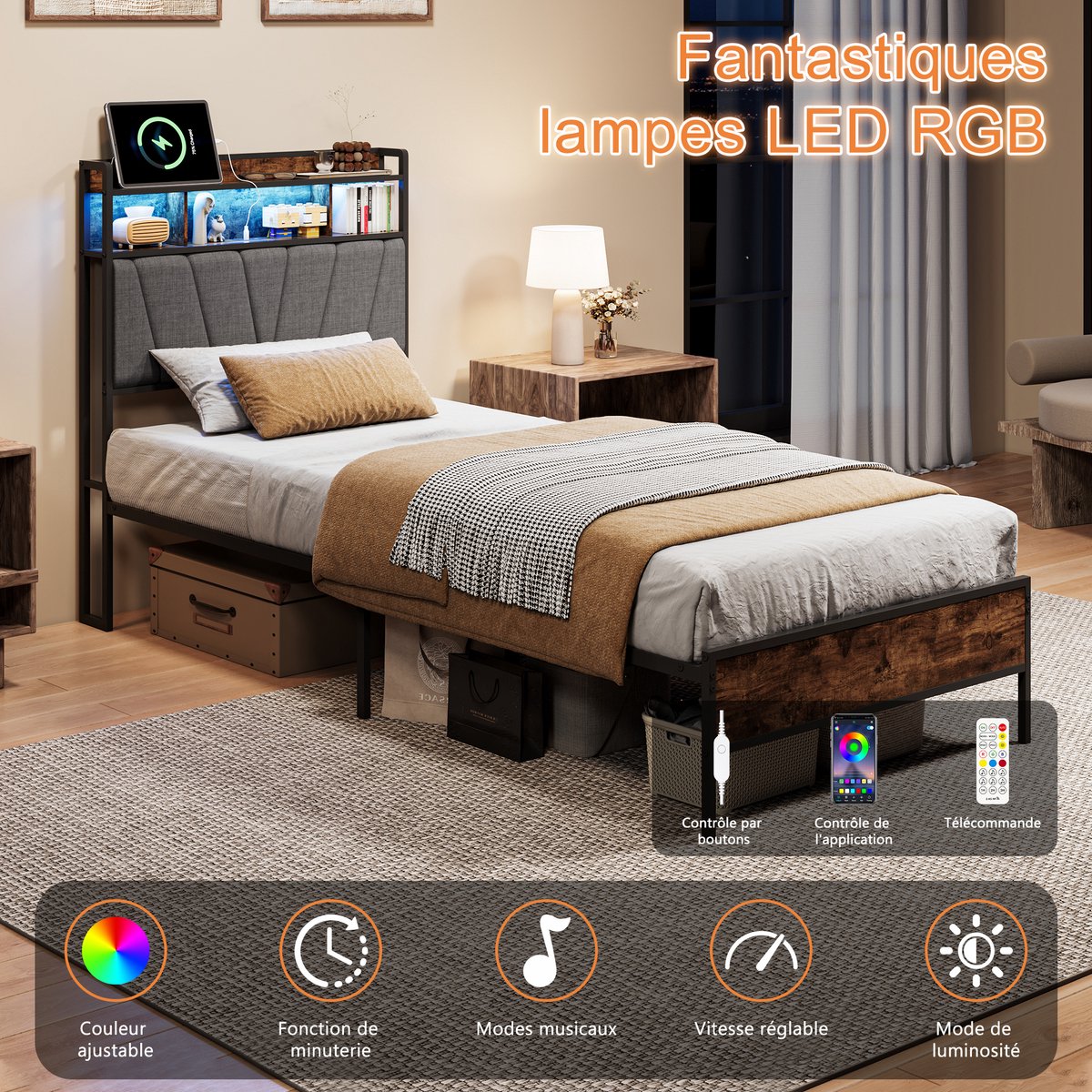 Gestoffeerd Bed- 90x200 cm - LED Hoofdbord met Opbergruimte en USB Type-C - Eenpersoonsbed voor Slaapkamer - Metaal - Zonder Matras