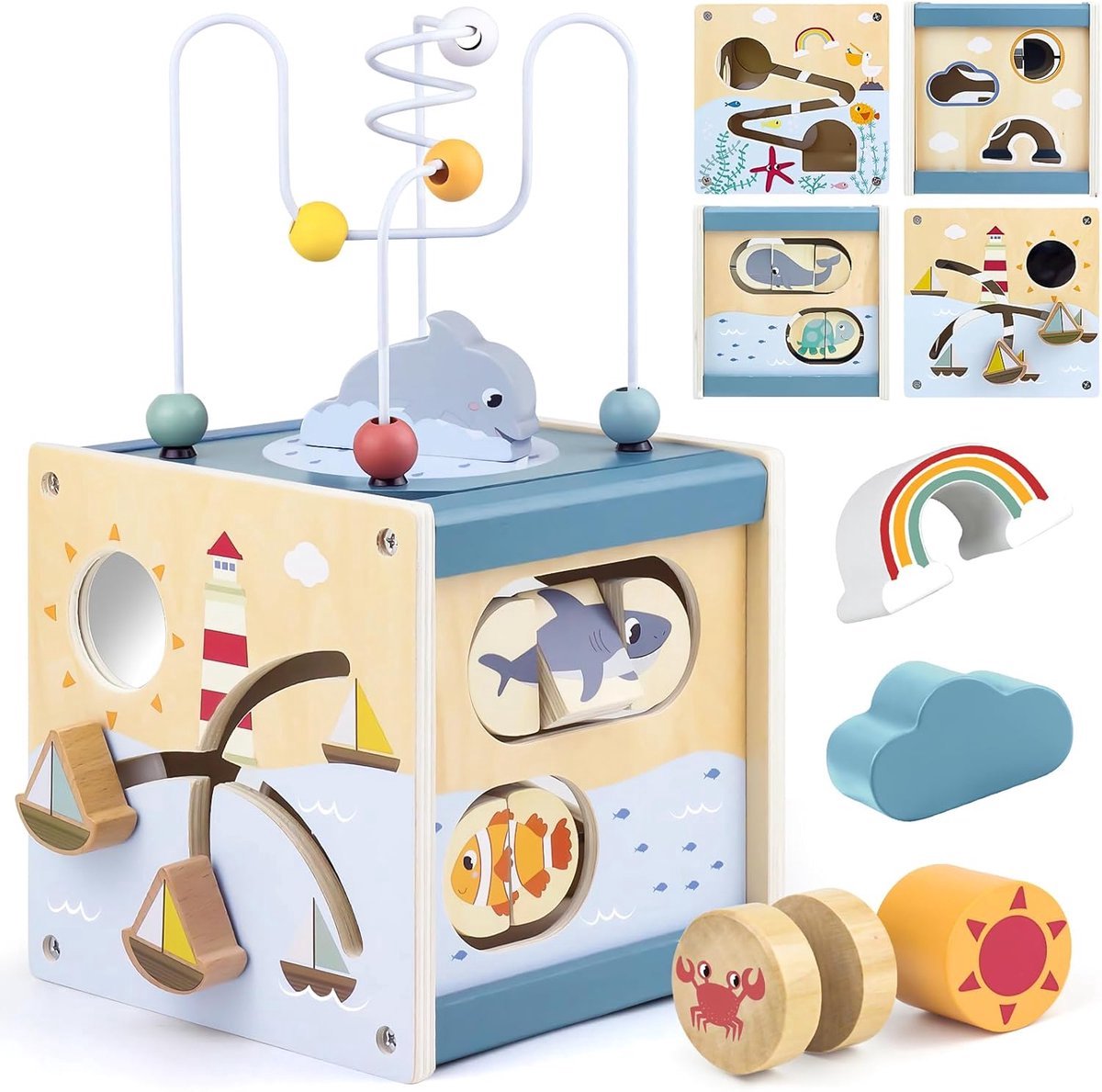 Montessori Houten Activiteitenkubus (Thema Zee) – Educatief Speelgoed voor Baby’s en Peuters vanaf 1 Jaar, met Kralenbaan, Vormenstopper, Spiegel en Puzzel, ter Stimulering van Motoriek en Zintuiglijke Ontwikkeling — cadeau in Spellen & Speelgoed - foto 5