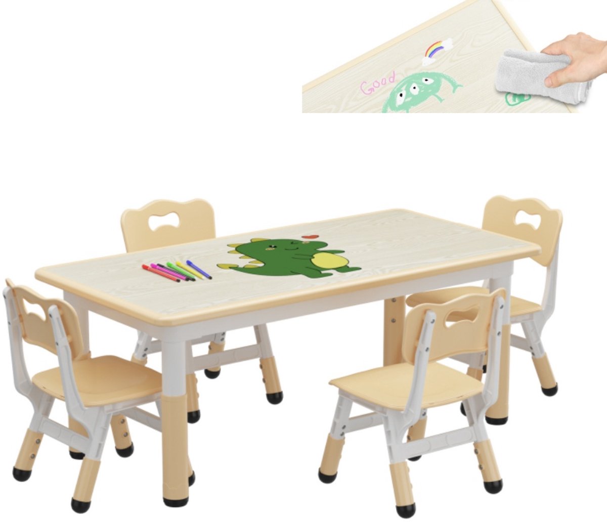 Verstelbare tafel- en stoelenset voor kinderen (1 tafel + 4 stoelen) - Tafelblad in doodle-stijl met 12 waterverfpotloden - Antislip tafelpoten - Multifunctionele knutseltafel, geschikt om te spelen, lezen en tekenen - Natuurlijke houtkleur