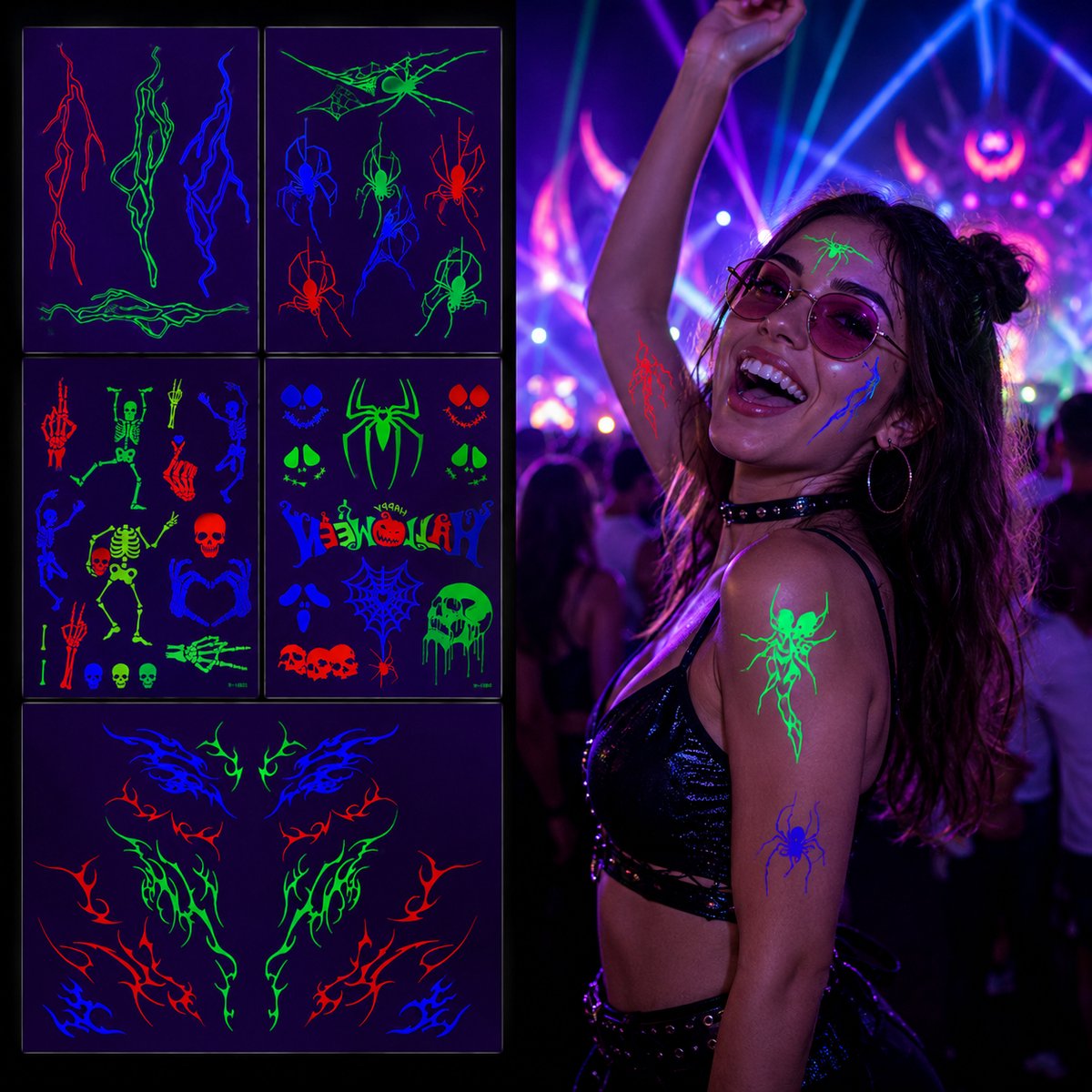 Fluorescerende Halloween Tattoo Stickers - 5 Vellen Tijdelijke Glow Tattoos - 14,8 x 20,8 cm