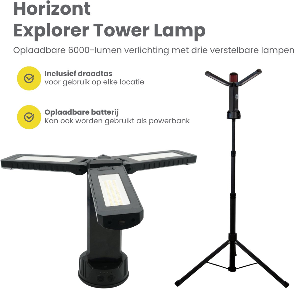 Horizont Towerlight – Werklamp 6000 Lumen USB Oplaadbaar – 3 Lampen – Op Statief - Bouwlamp