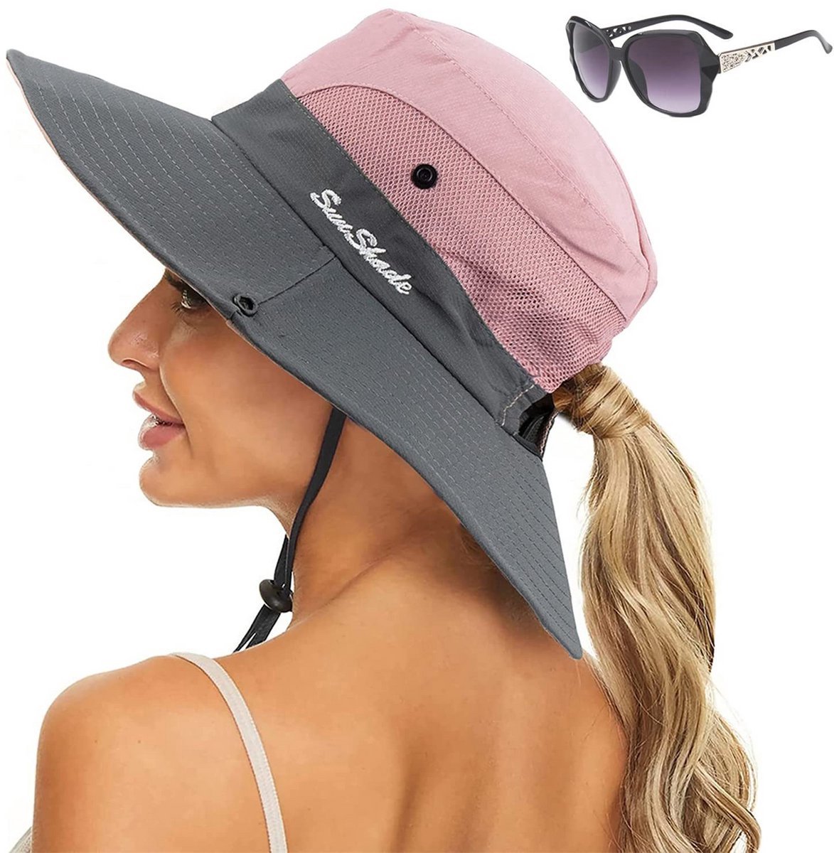Zonnehoed dames - Zomerhoed dames - Opvouwbare zonnehoed - UV Bescherming - Aanpasbare kinband - Ademend - Zonnehoeden met paardenstaart-opening - Brede rand UPF 50+ Bucket hat- & strandhoeden - Met zonnebril - Roze