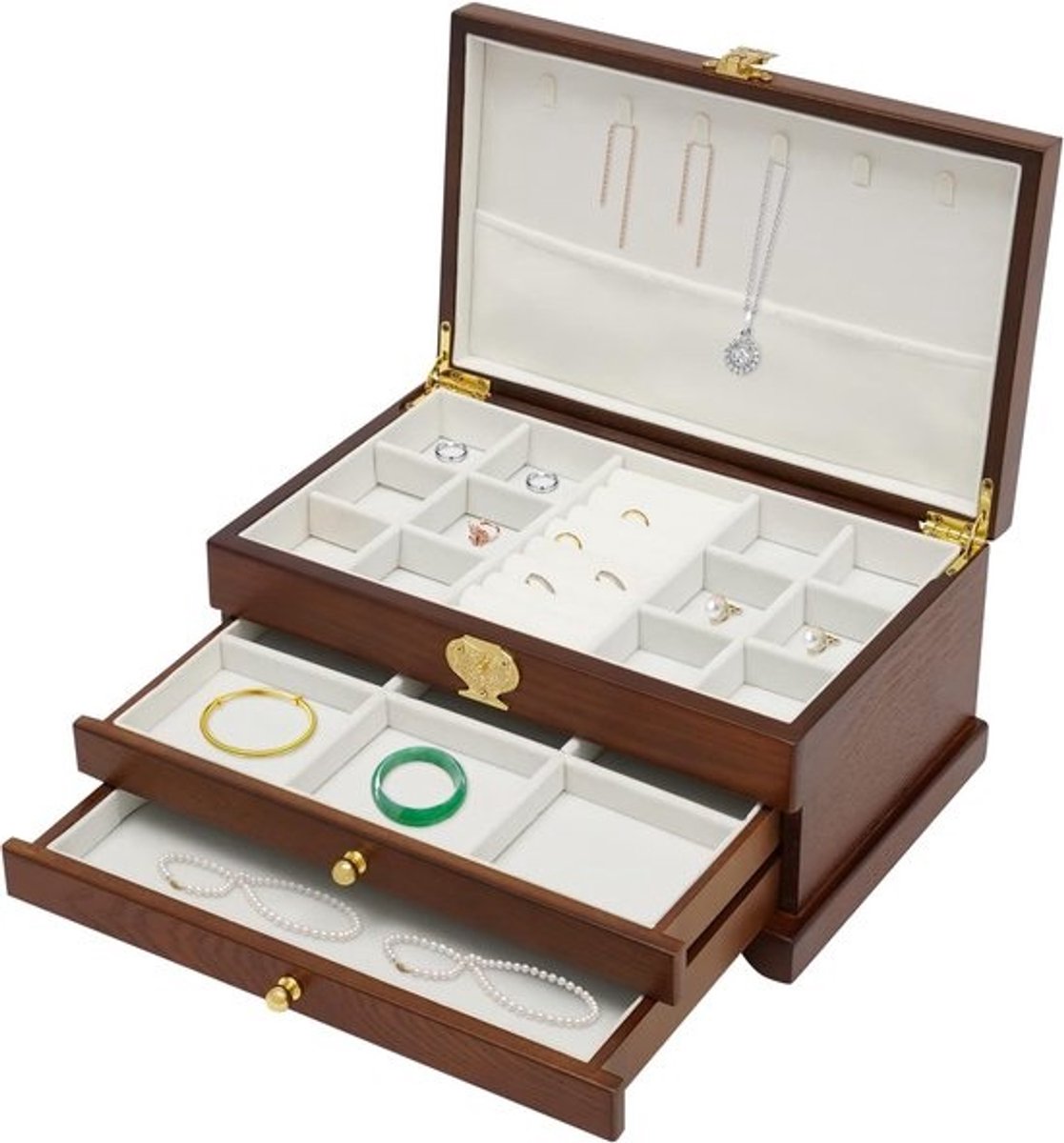 Houten Sieradendoos - Juwelendoos Organizer - Sieraden Opbergen - Zachte Pluche Voering - 3 Lagen 31.5cm - Donkerbruin