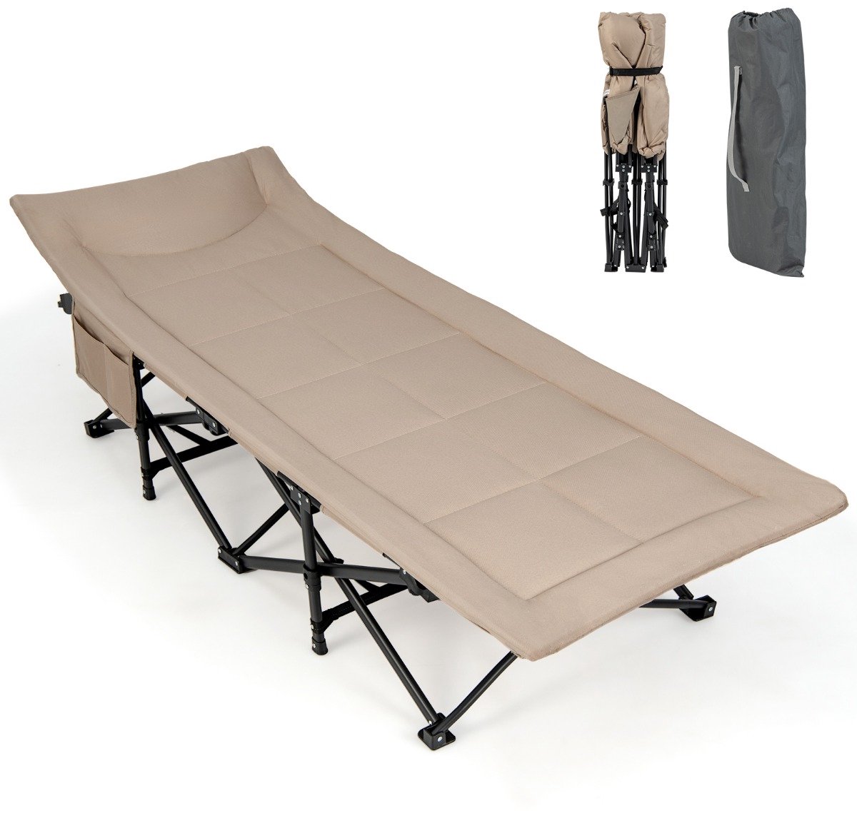 SureDeal® - Bedd - Veldbed Inklapbaar Campingbed - Zijzak Draagbare Campingstoel - Draagtas Logeerbed - Binnen - 190x68,5x38 cm - Koffiebruin