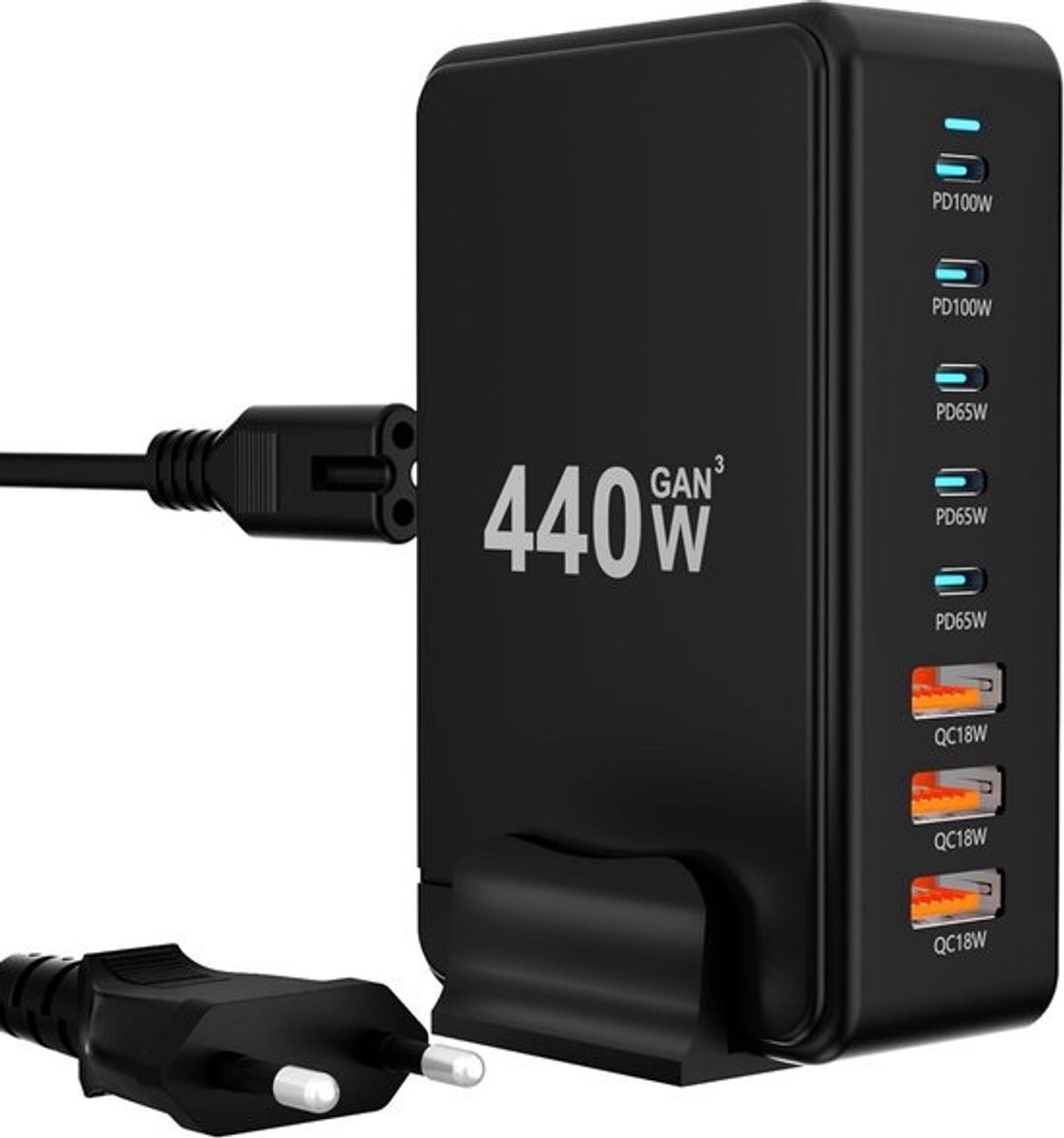 Krachtig 440W USB-C Snellader Station met 8 Poorten voor Laptops en Smartphones