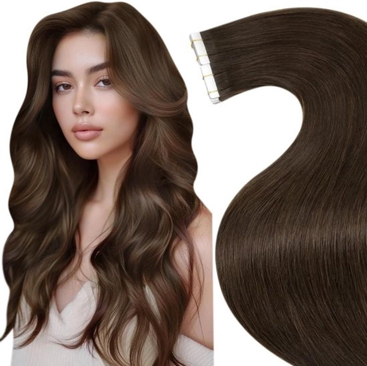 Tape in Haarverlenging Echt Menselijk Haar Donkerbruin 60cm 20 Stuks Tape Extensions