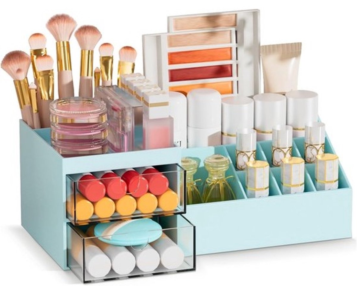 Cosmetische opbergbox met lades - blauwe make-uporganizer voor kaptafel en badkamer