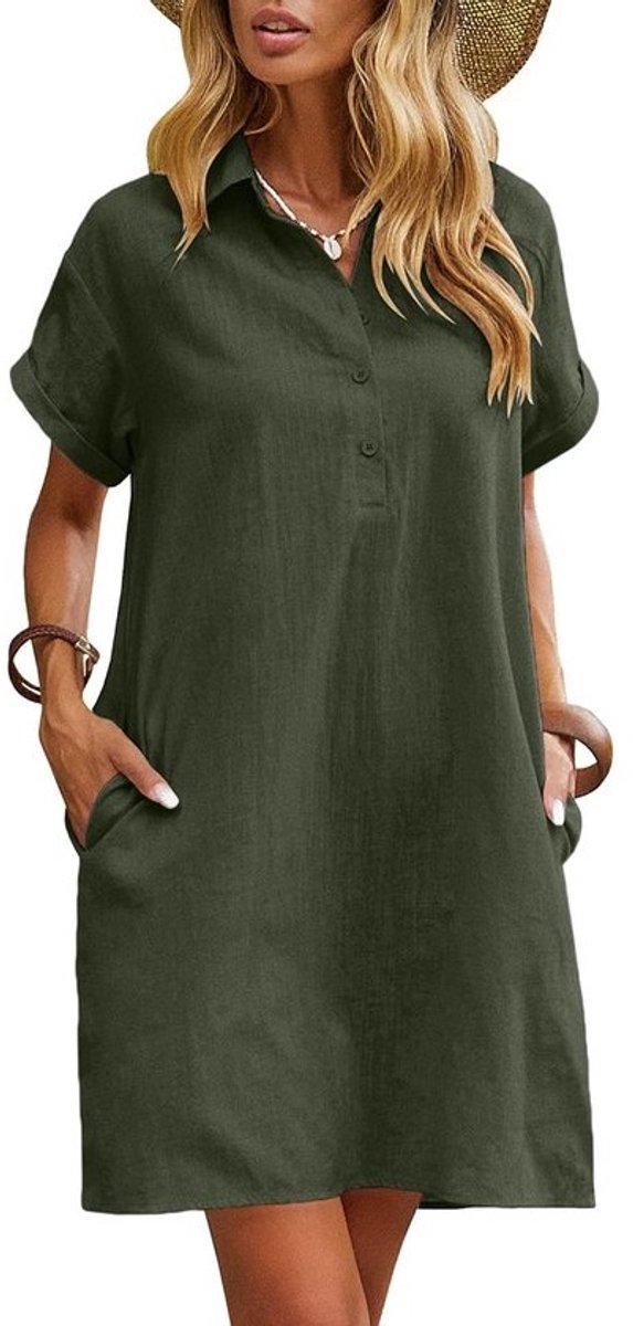 Linnen Jurk Dames Knielang Kort - Casual Zomerjurk met Zakken en Korte Mouwen