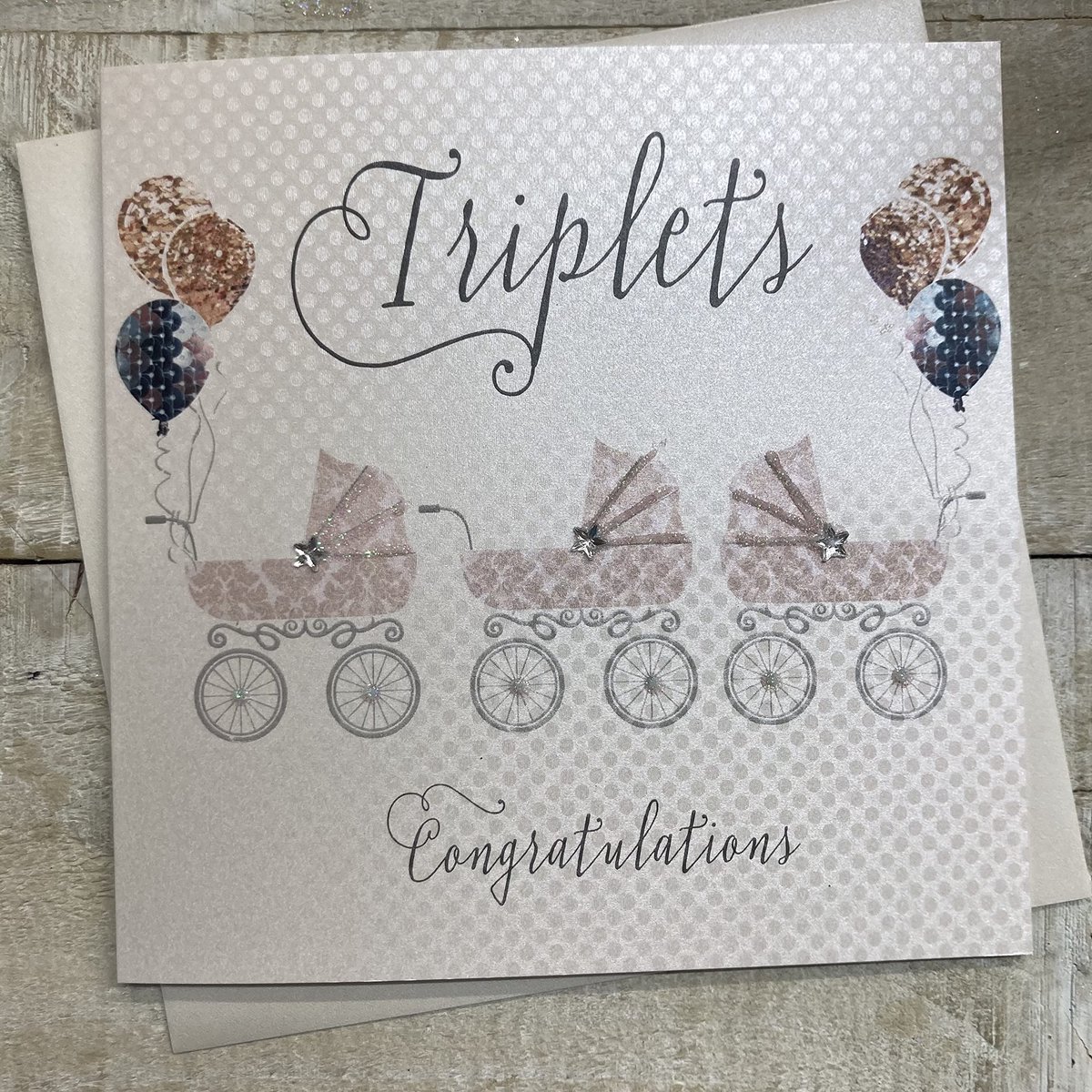 WHITE COTTON CARDS Wenskaart Drillingen kaart, babykaart, kinderwagen zilver - ShopVlot