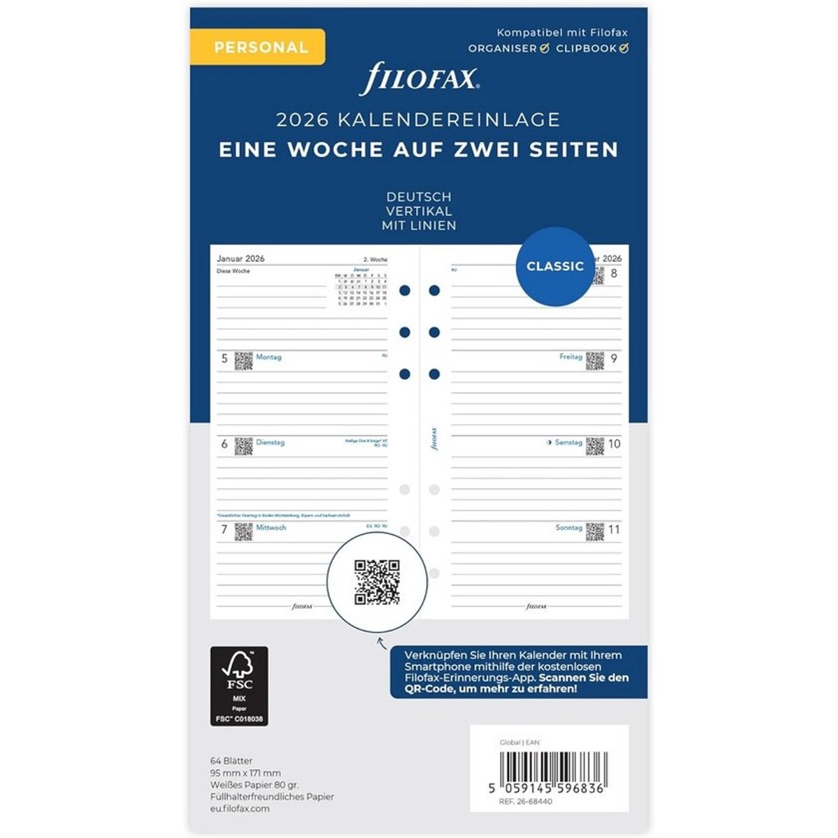 Personal Weekkalender 2026 - 1 week op 2 pagina's verticaal - Duits