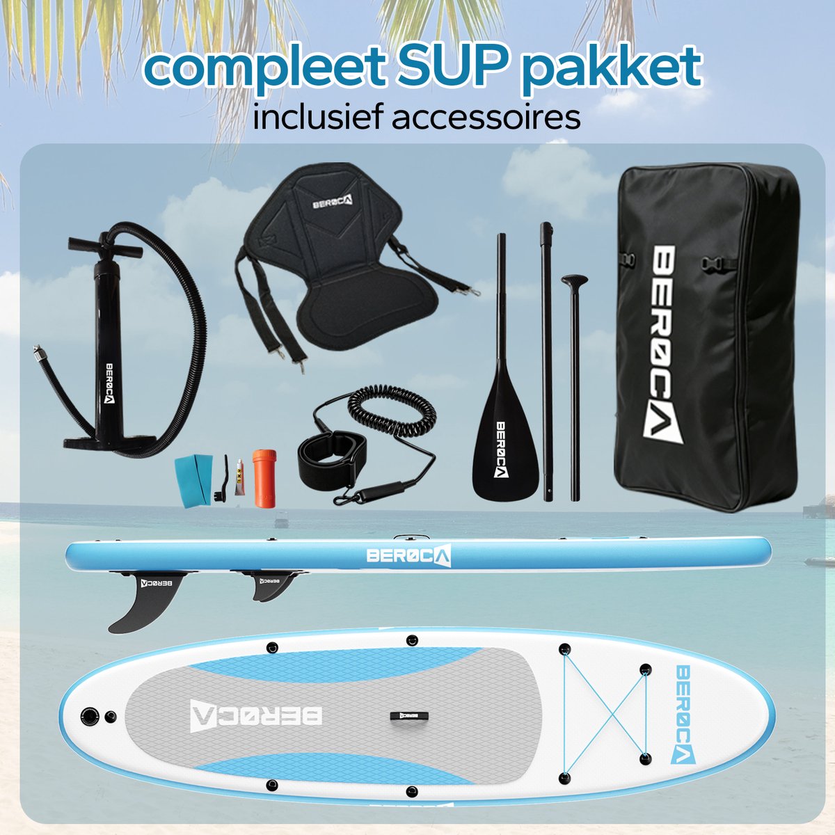 BEROCA SUP Board - met Zitje - Opblaasbaar Paddle Board - Complete Set - 320x81cm - Max. 160 kg- Blauw Wit – foto 8