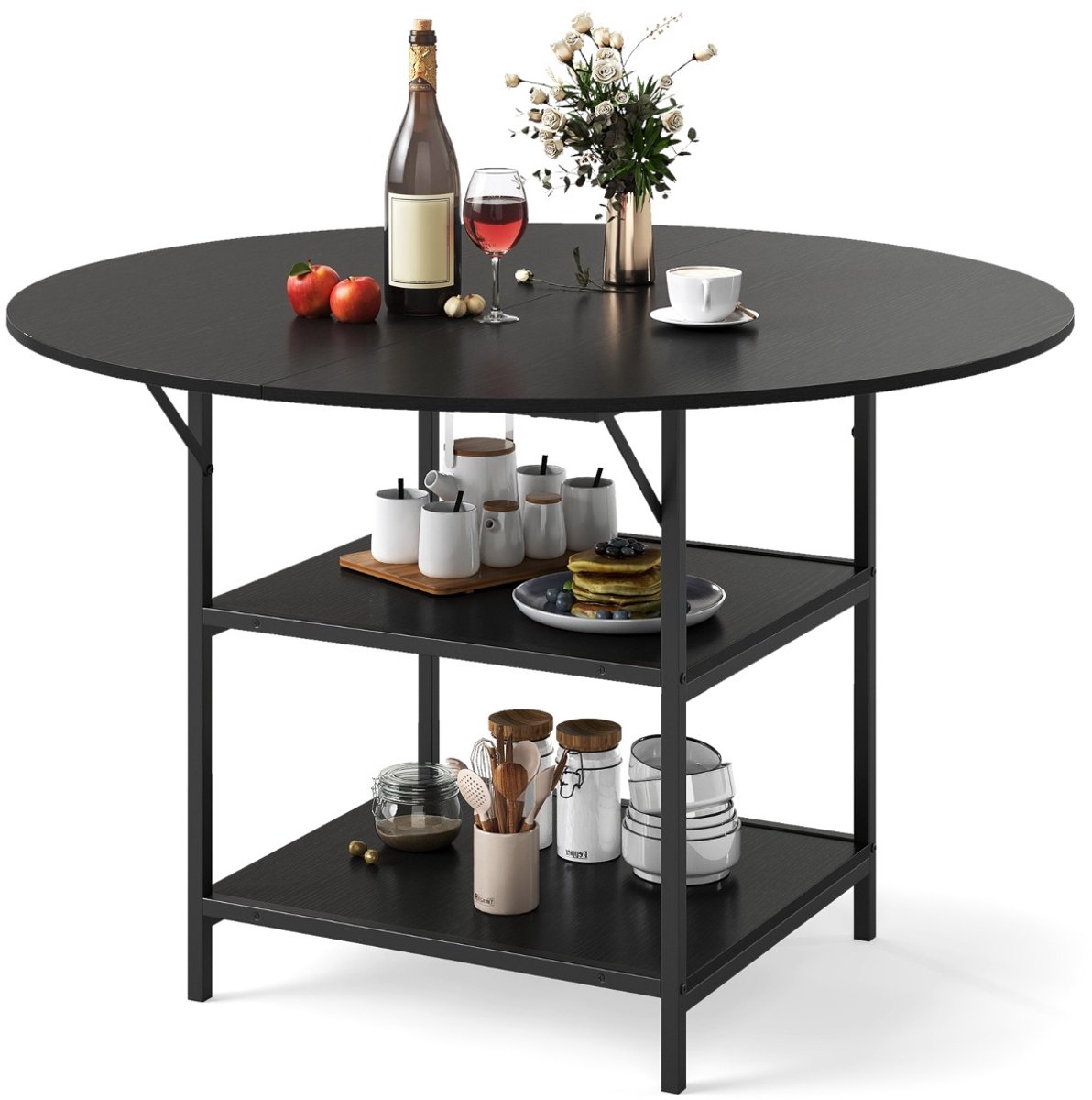SureDeal® - Eettafel - Rond - Personen Landhuiskeukentafel - 2-laags Open Opbergvak - Metalen Onderstel Zwart - 120x76 cm - Donkerbruin